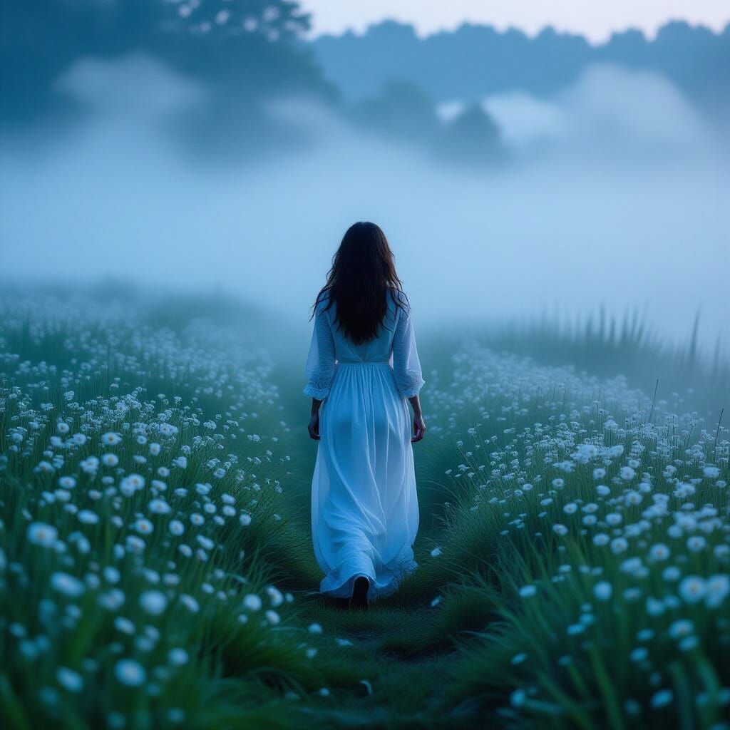 Woman Walks at Misty Dawn in Cinematic Style