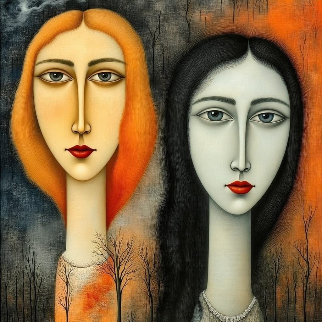 <lora:Varo style:1.0> <lora:IngeS style:1.0> two, 2, faces of a Modigliani style