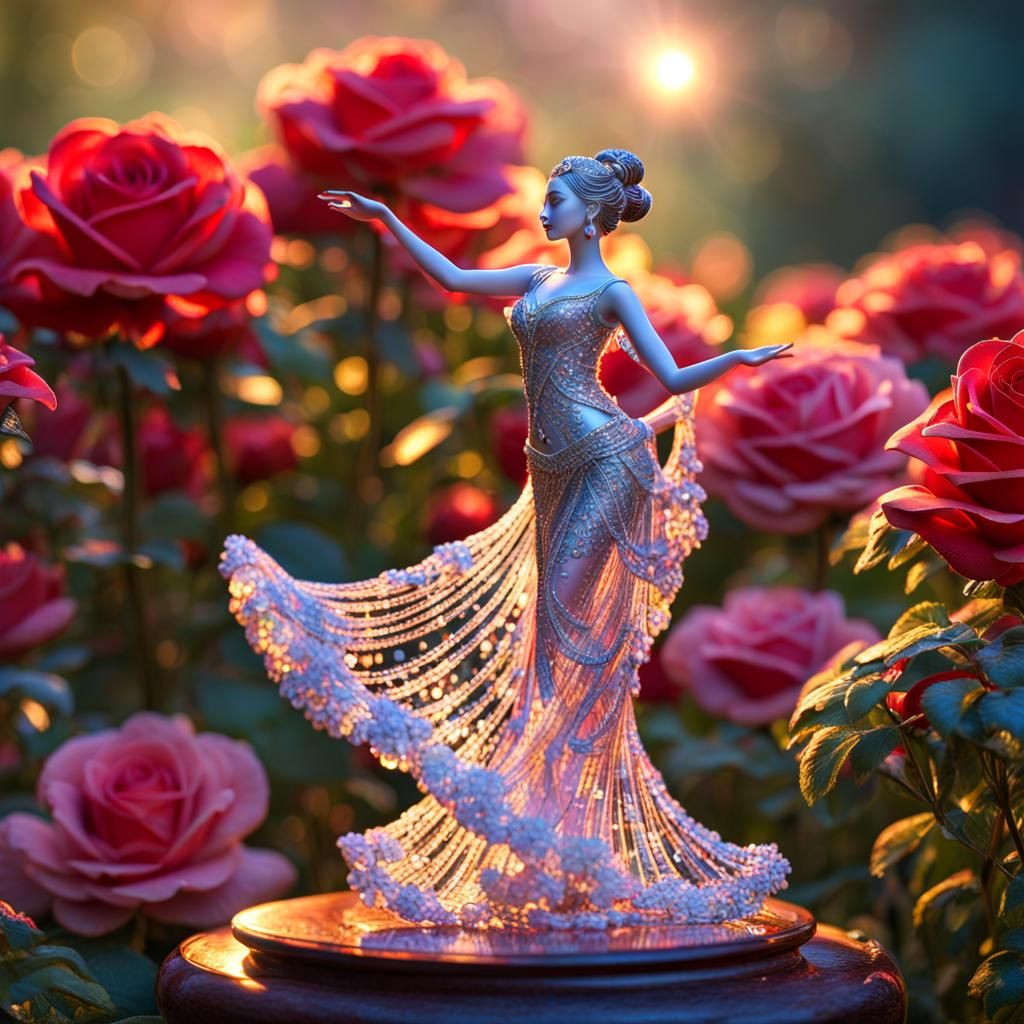 Crystal Oriental Dancer with Rose Garden Sculpture