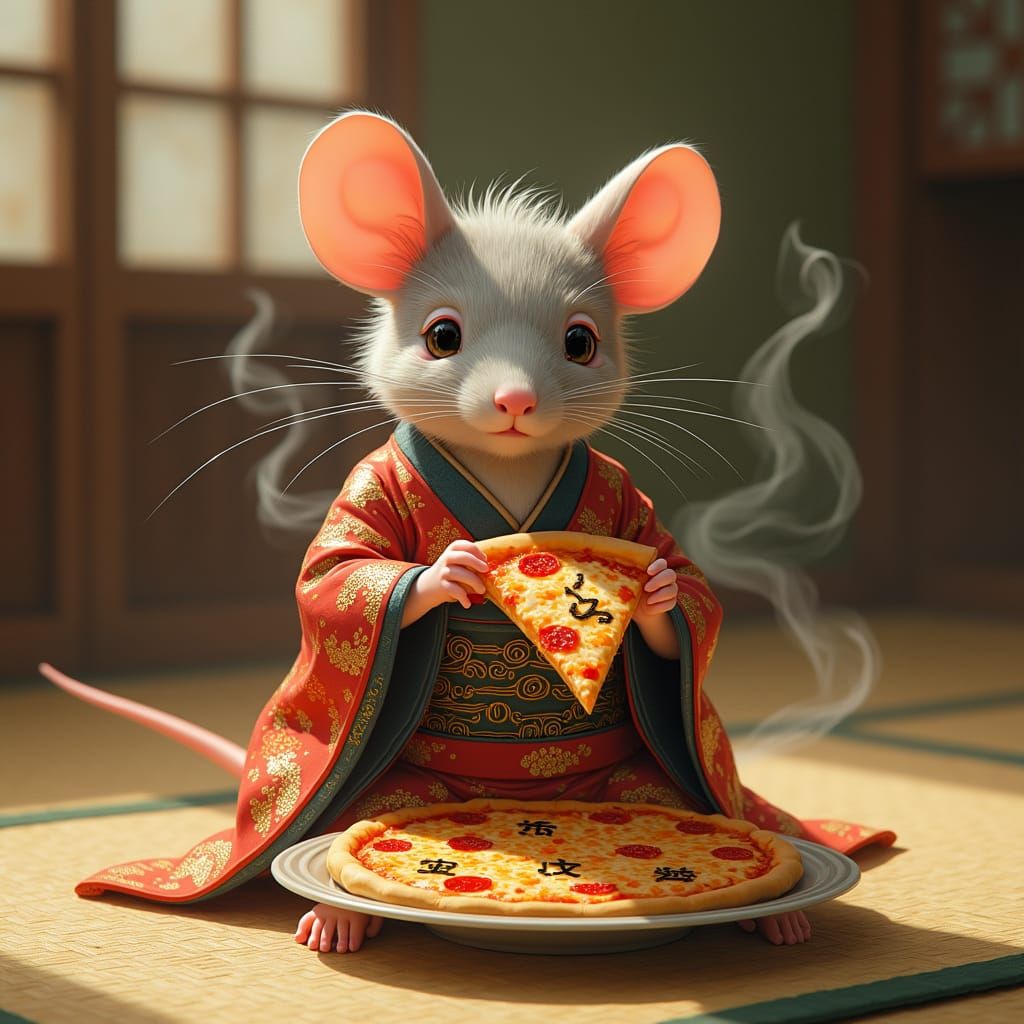 Rat in Kimono Enjoys Pizza: Art Nouveau Style