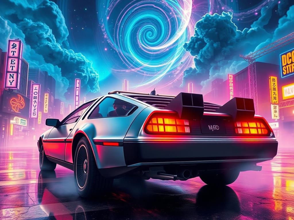 Mystical DeLorean in Neon Cityscape: A Digital Artwork