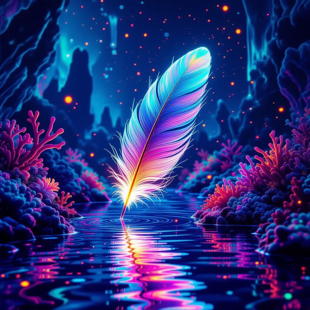 Bioluminescent Feather Drifting Through Neon Coral: Digital ...