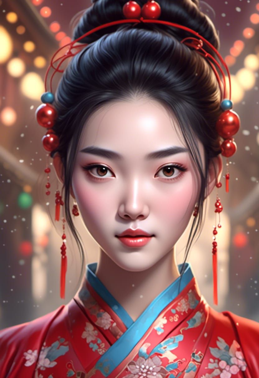 Chinese Woman in Red Christmas Qipao Dress