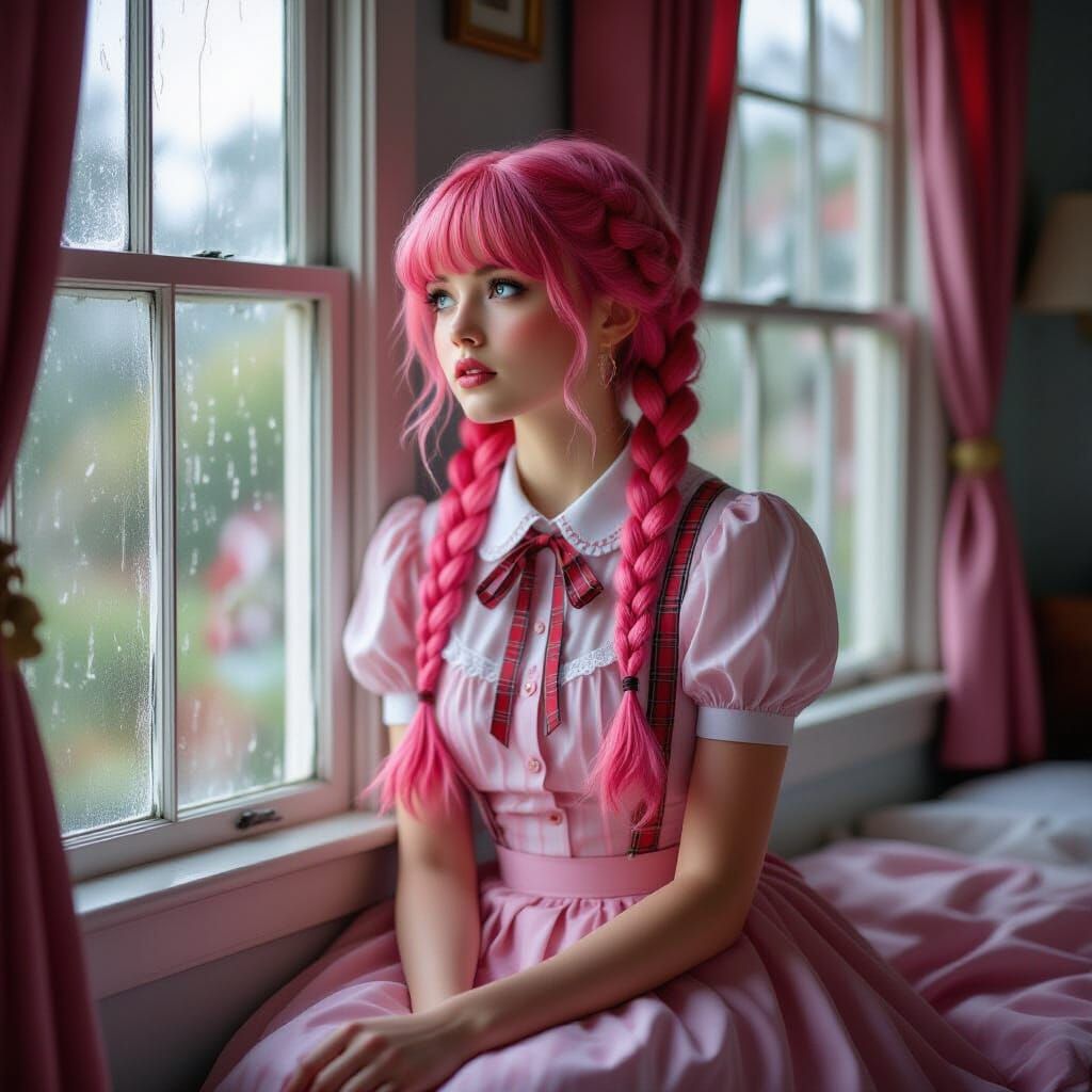 Pink Haired Woman Gazes From Rainy Window