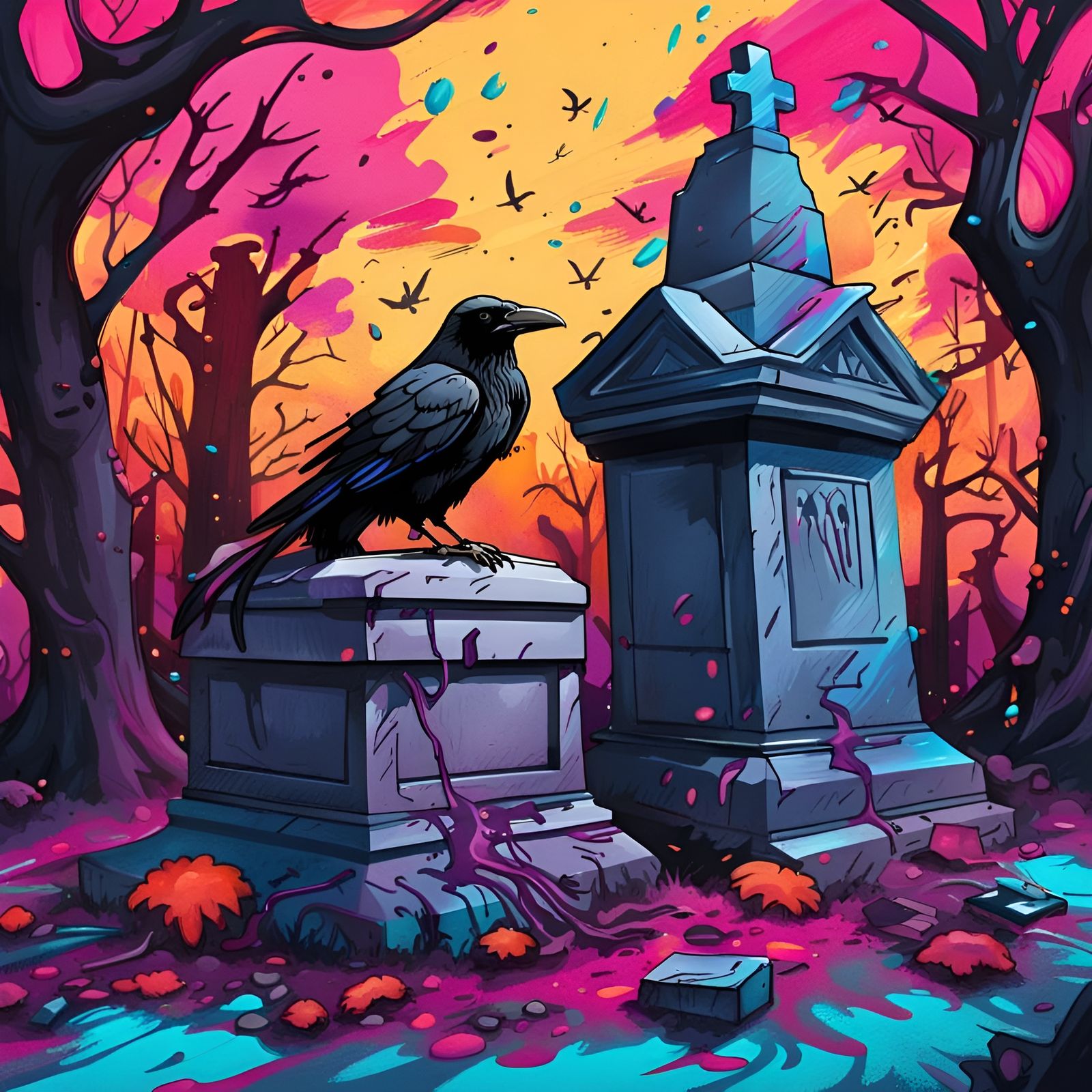 Raven in Graveyard: Graffiti Art Splash