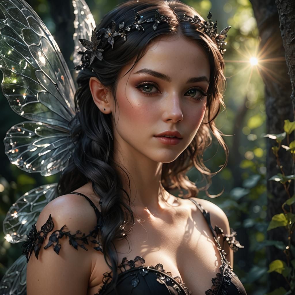 Beautiful Fairy in Black Boudoir, Hyperrealistic Style