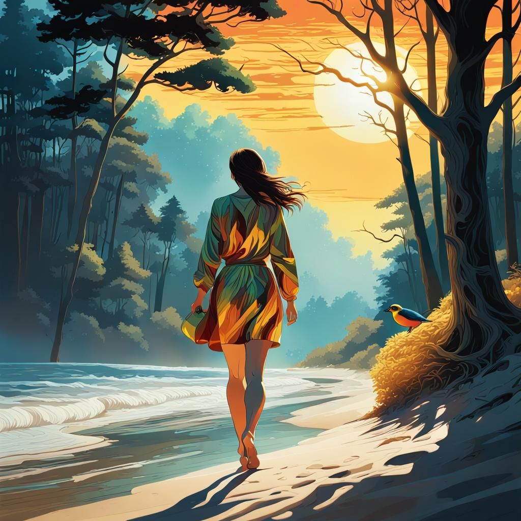 Woman on Beach in Vector Cel Shading Style