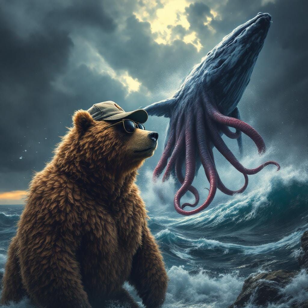 Hyperrealistic Bear, Whale, and Squid Battle Scene