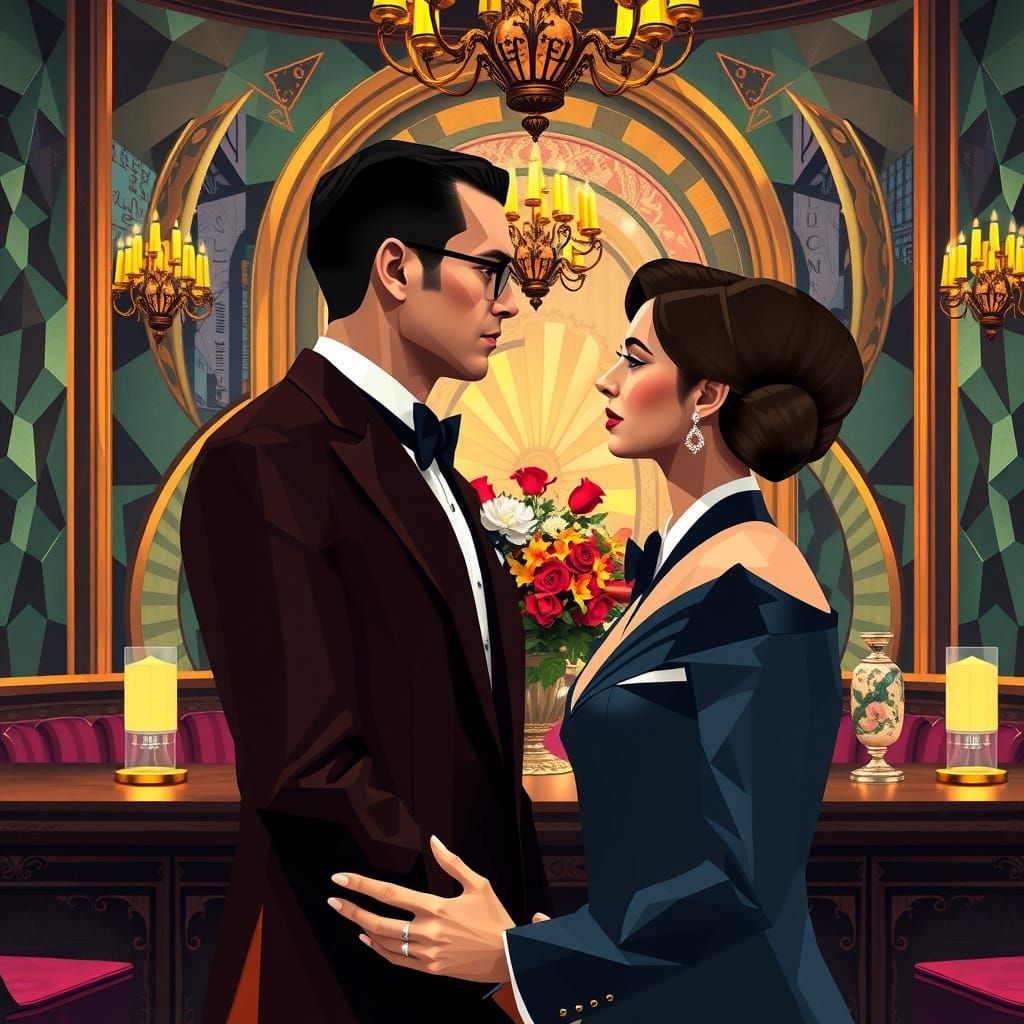 Elegant Vows: A Cubist Art Deco Scene