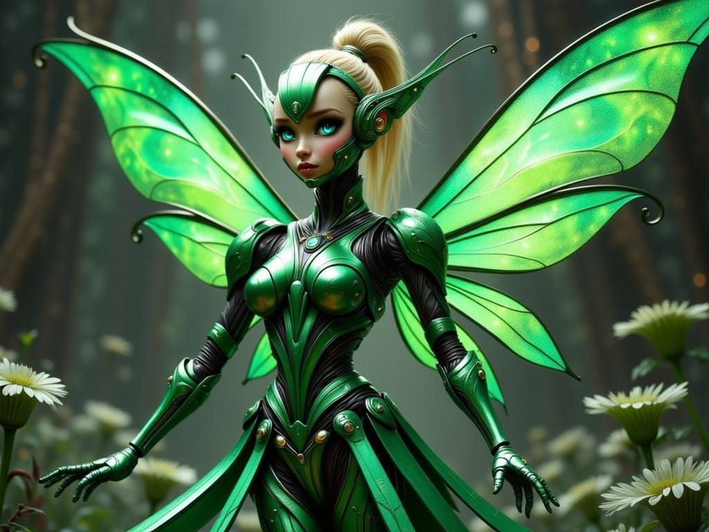 Futuristic Mecha Tinkerbell in Green Armor