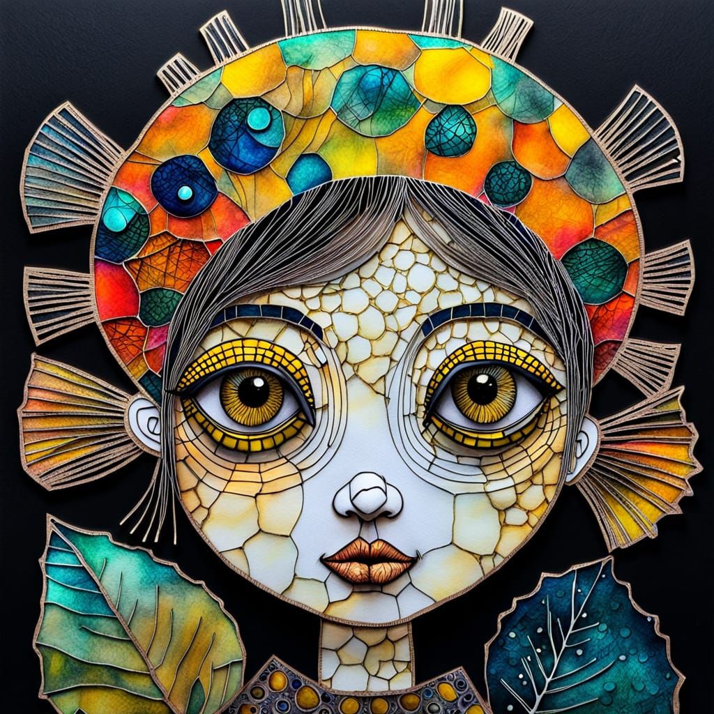 Puffer Fish Goddess in Vibrant, Mixed Media Art