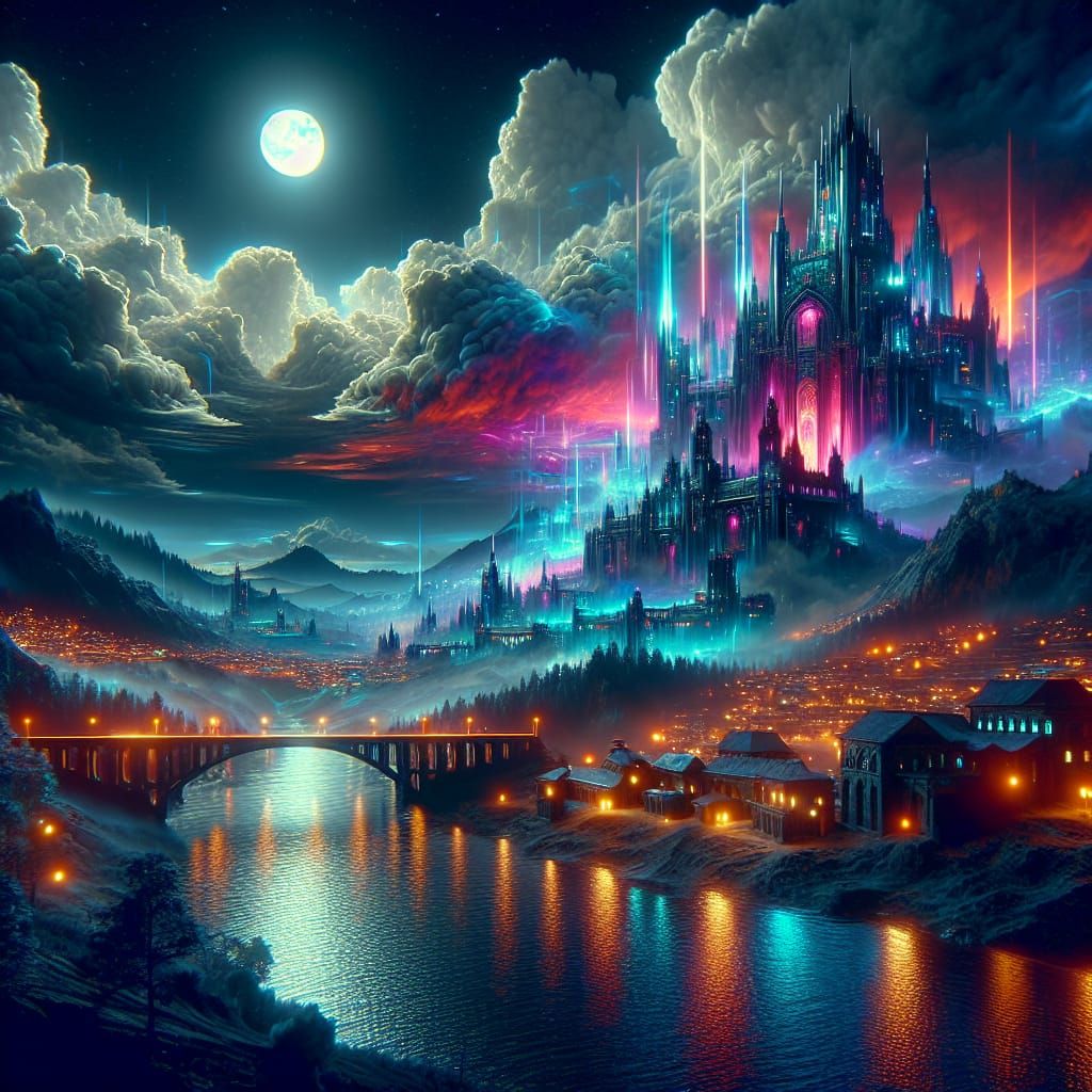Cyberpunk Castle Under Stormy Moonlight