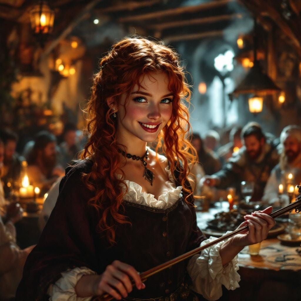 Redhead Bard Plays Shawm in Medieval Inn