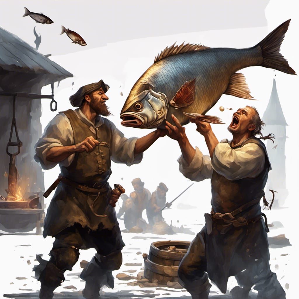 Medieval Fishmonger Fish-Slapping Contest: Dark Fantasy Art