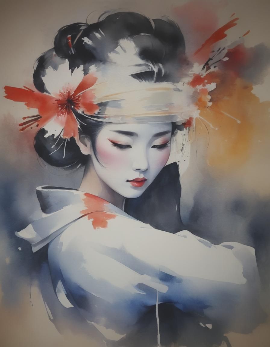 Beautiful Geisha in Abstract Watercolor