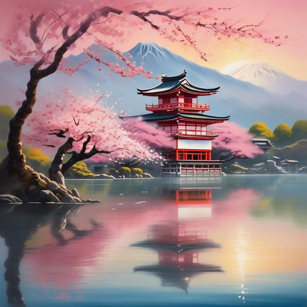 Sakura Tree by Lake: Dreamy Oil Painting Landscape