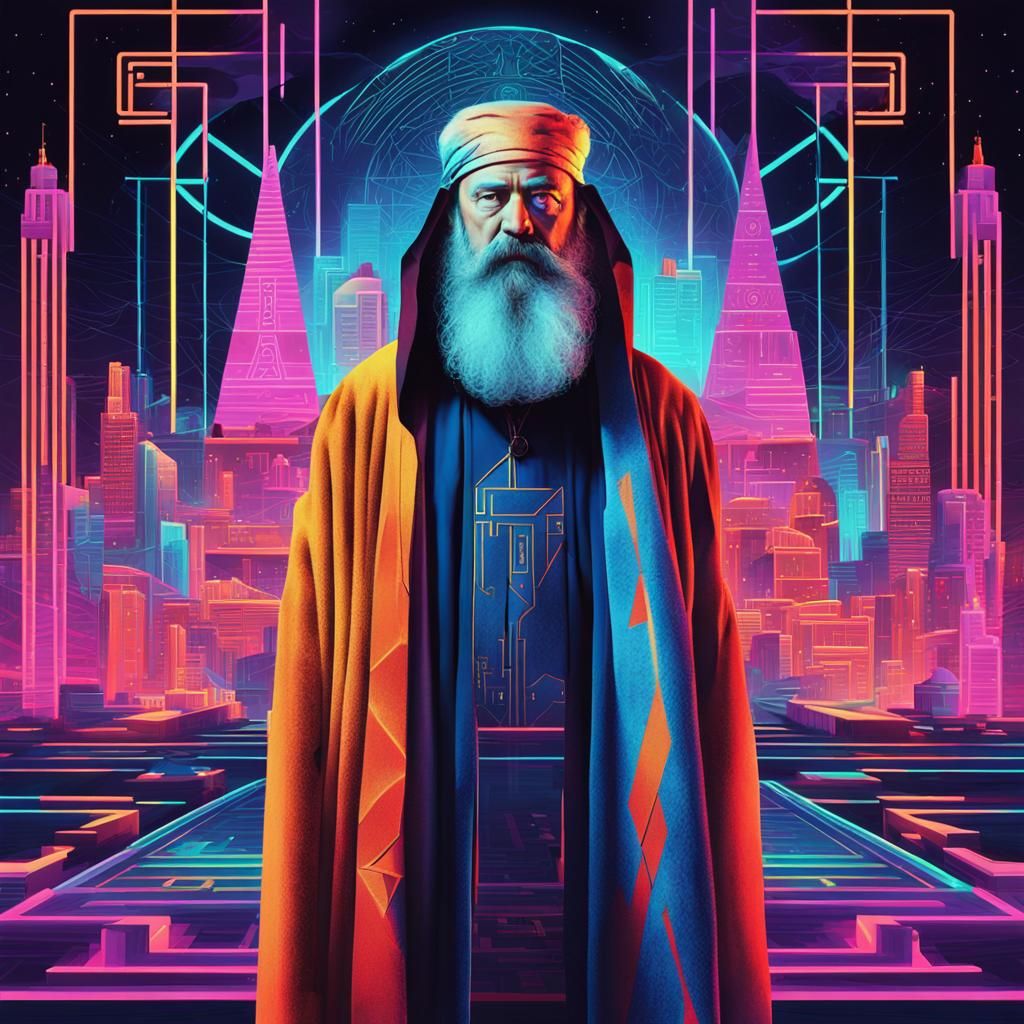 Mystic in Geometric Cityscape with Neon Hieroglyphs