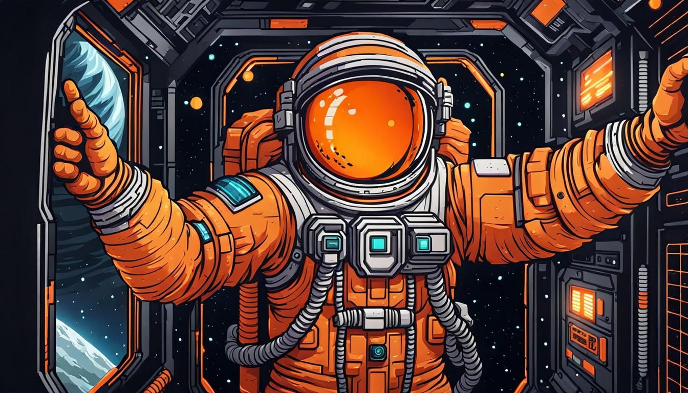 Upper body of a Spaceman in an orange spacesuit, Pixel Art style