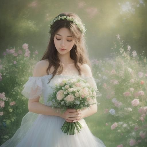 Woman Holding Rose Bouquet in Impressionist Oil Painting