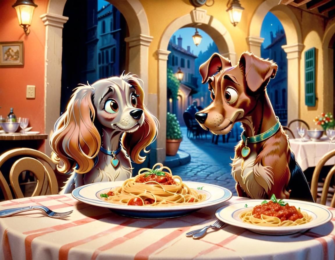 Lady and Tramp Share Pasta, Disney Style