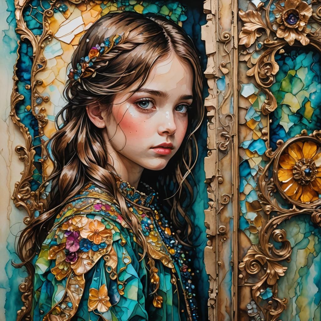 Girl Peeking Around Corner in Victorian Impasto Style