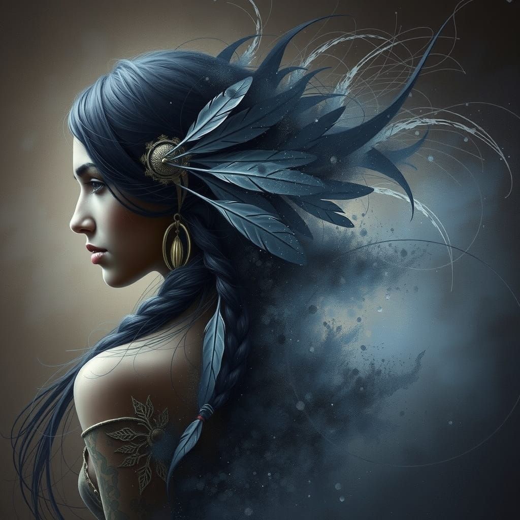 Mystical Indian Woman in Profile, Ethereal Aura, Heavily Blu...