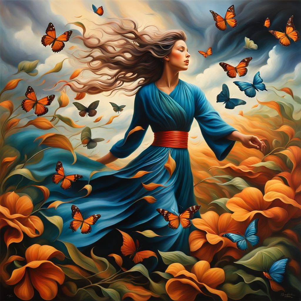 Woman Struggles Against Wind in Tonalist Landscape