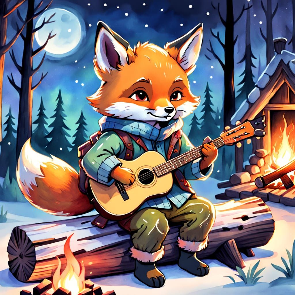 Fox Cub Playing Guitar by Firelight in Watercolor Style