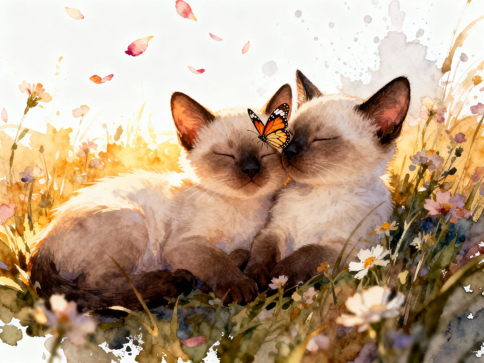 Baby Siamese Kittens Sleeping in Wildflower Field