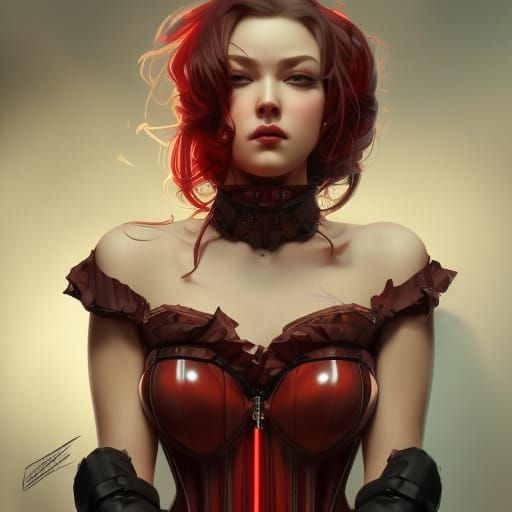 Red Latex Corset Girl in Dungeon, Detailed Portrait