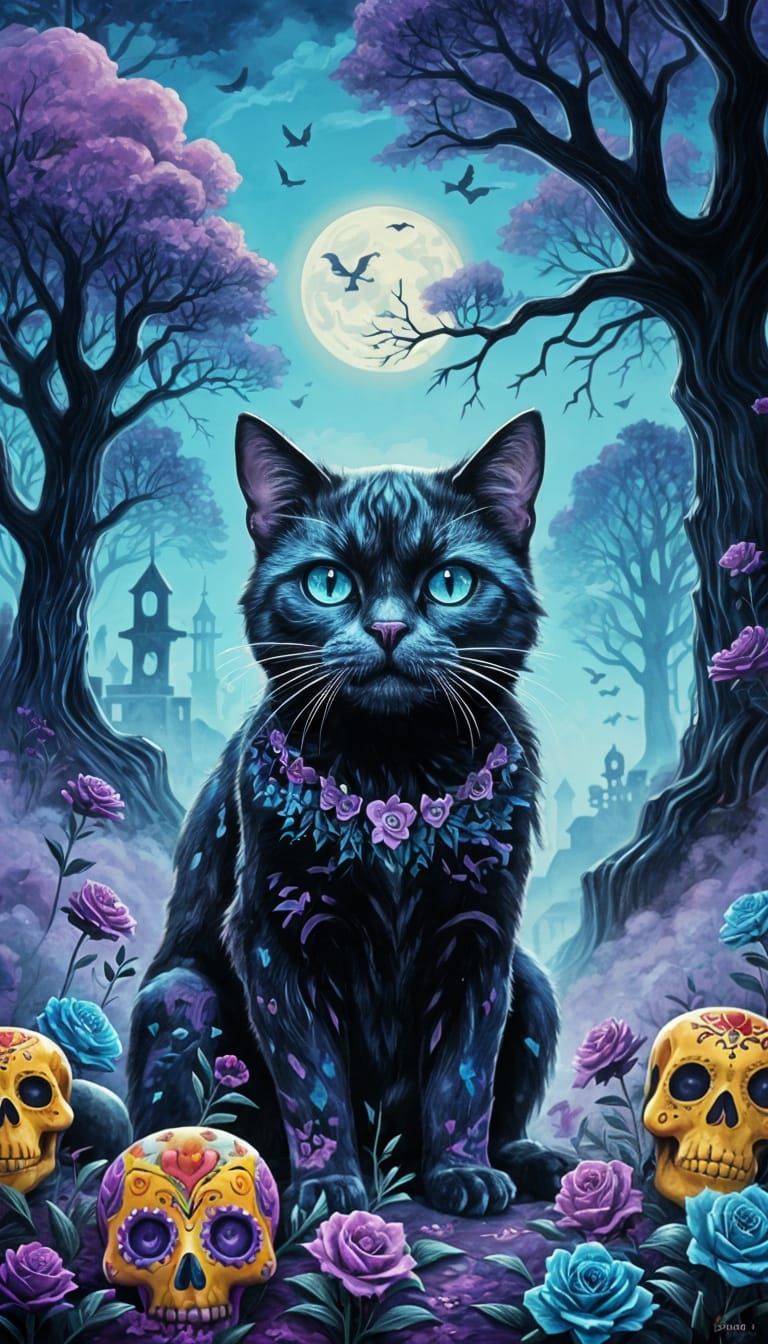 Day of the Dead Cat in Forest Graveyard