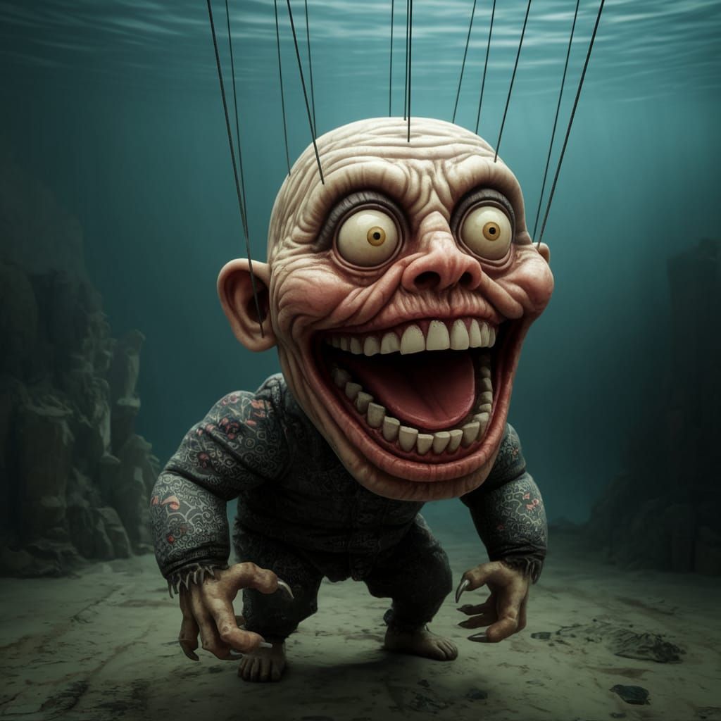 Fearsome Underwater Puppet Dangles from a Taut String