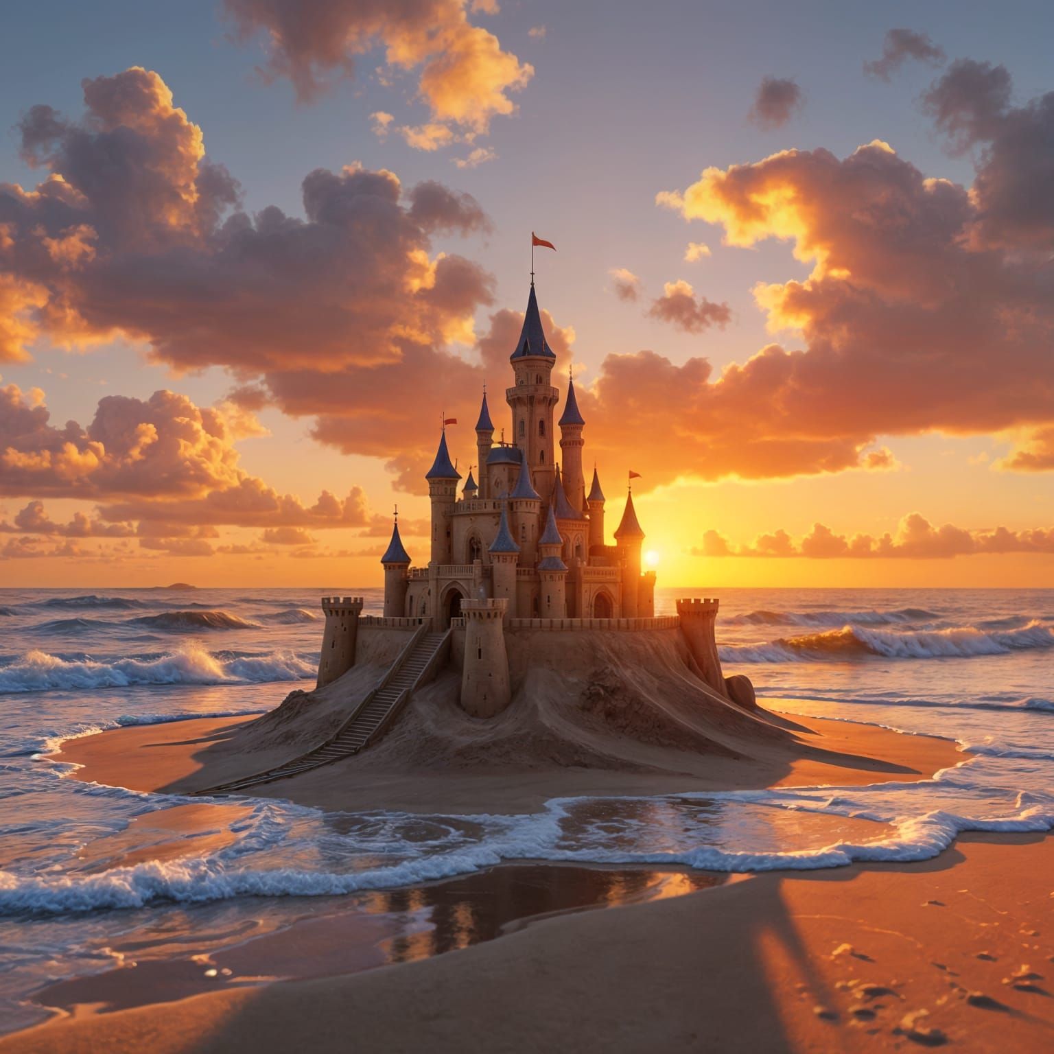 Orange Sandcastle at Sunset: Detailed Matte Painting