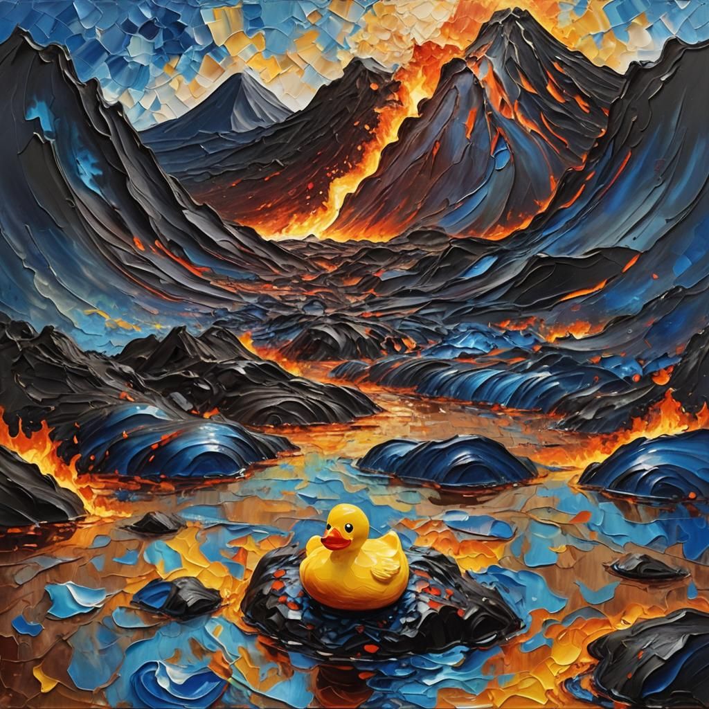 Blue Duck at Volcano: Impasto Oil Painting