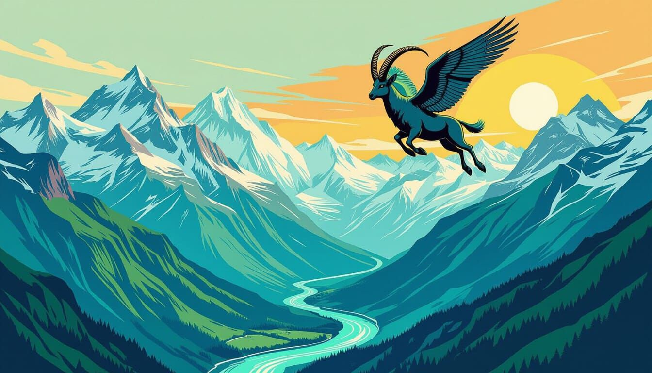 Winged Ibex Soars Over Swiss Alps in Mixed Media Collage