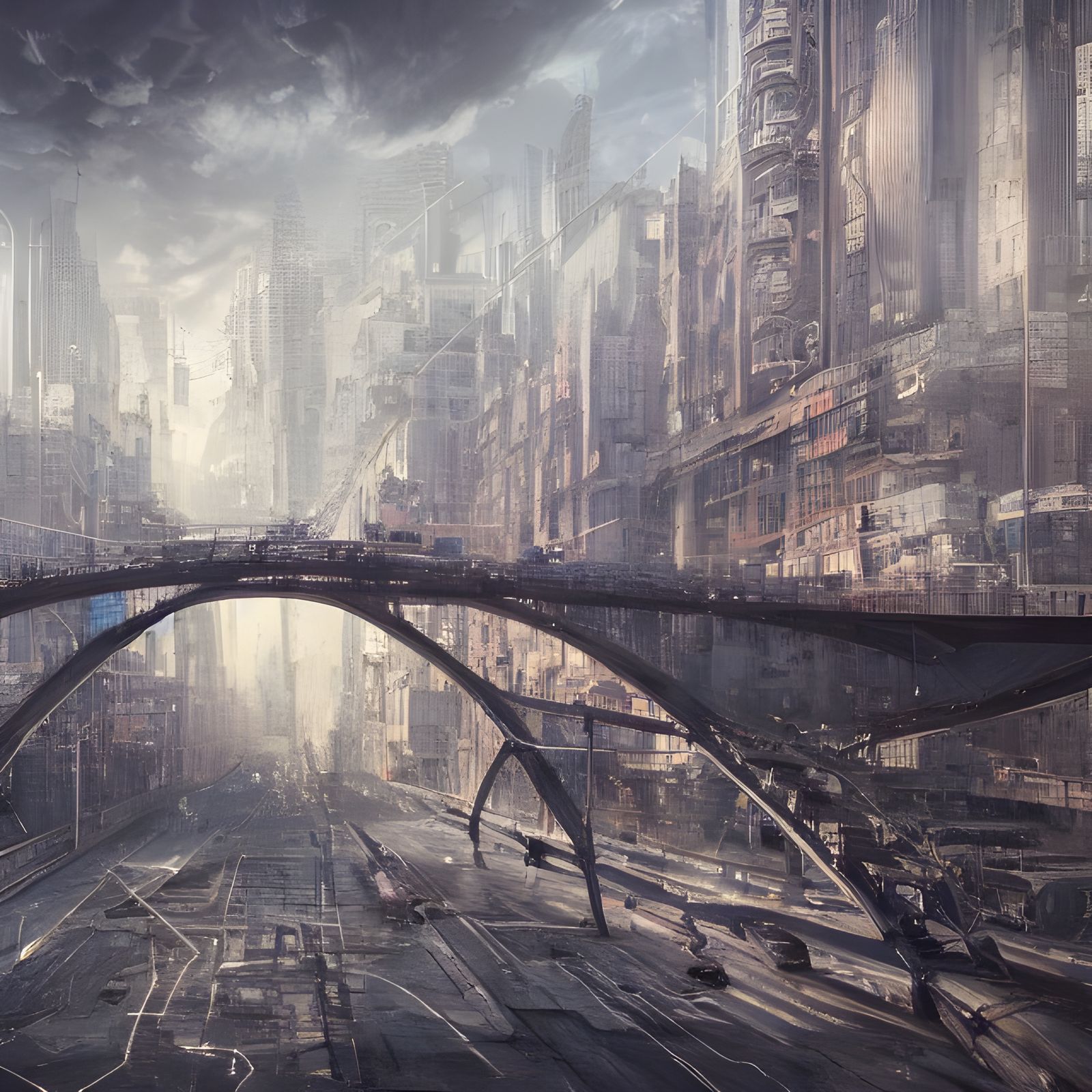 Dystopian Brutalist Bridge in Solar Punk Cityscape