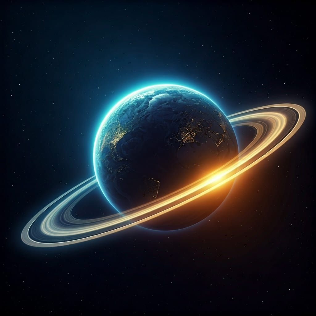 Earth with Saturn-like Rings in Retro Sci-Fi Style