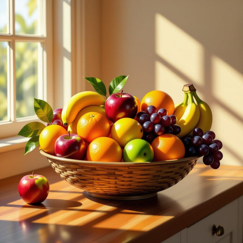 Vibrant Fruit Bowl on Kitchen Counter in Dramatic Light