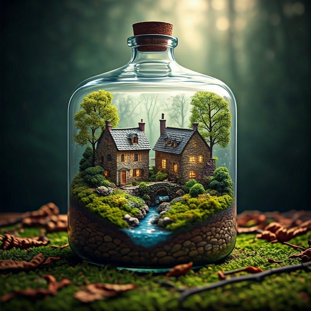 Miniature Village Inside a Bottle, Dreamlike Autumn Scene