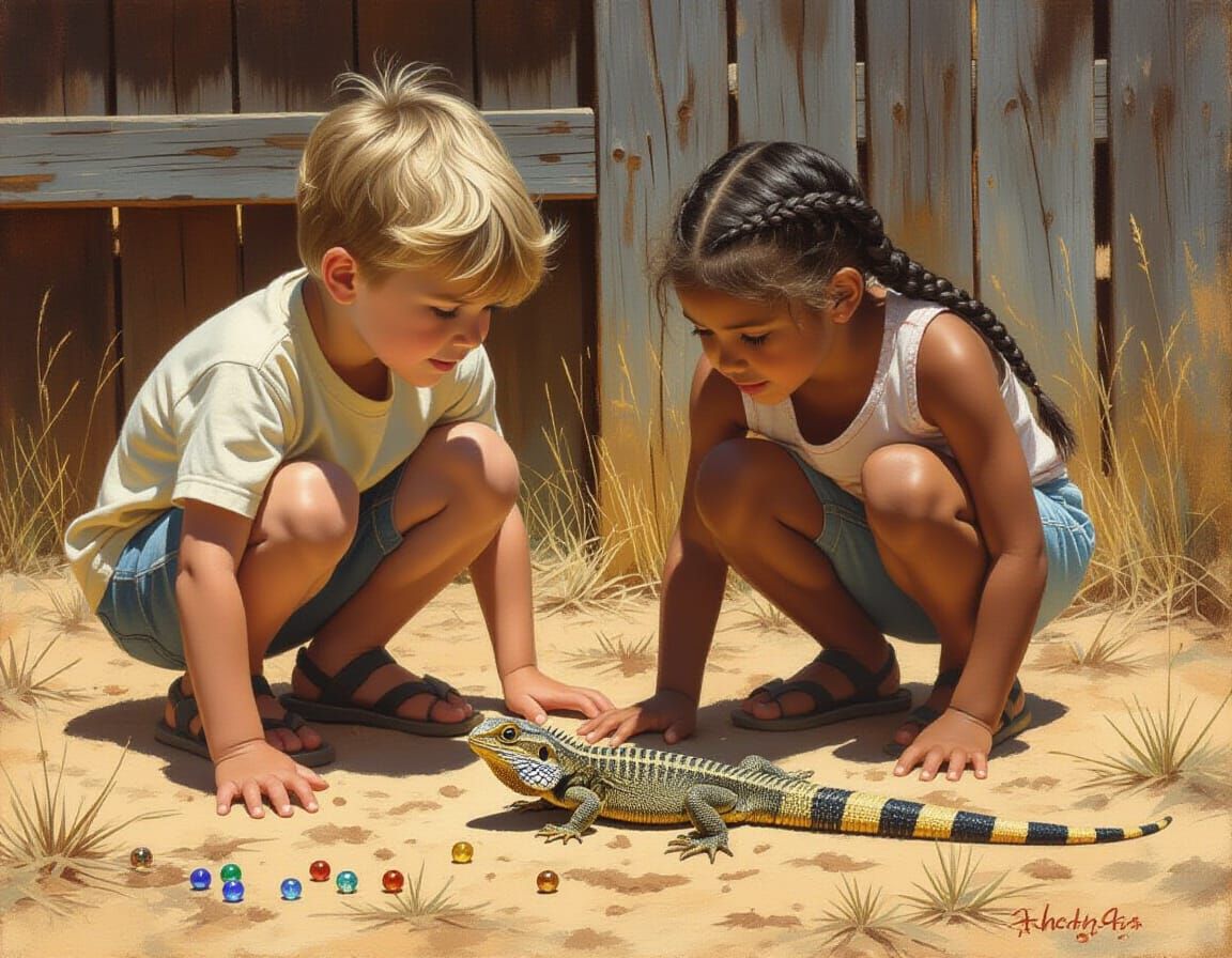 Children Discover Lizard in Painterly Realism