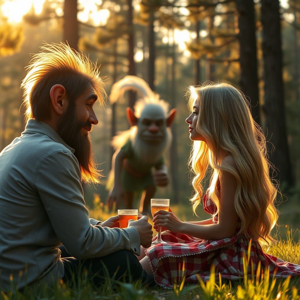 Realistic picture during the golden hour in the morning. A troll is looking at a romantic couple having a picnic in a pi...