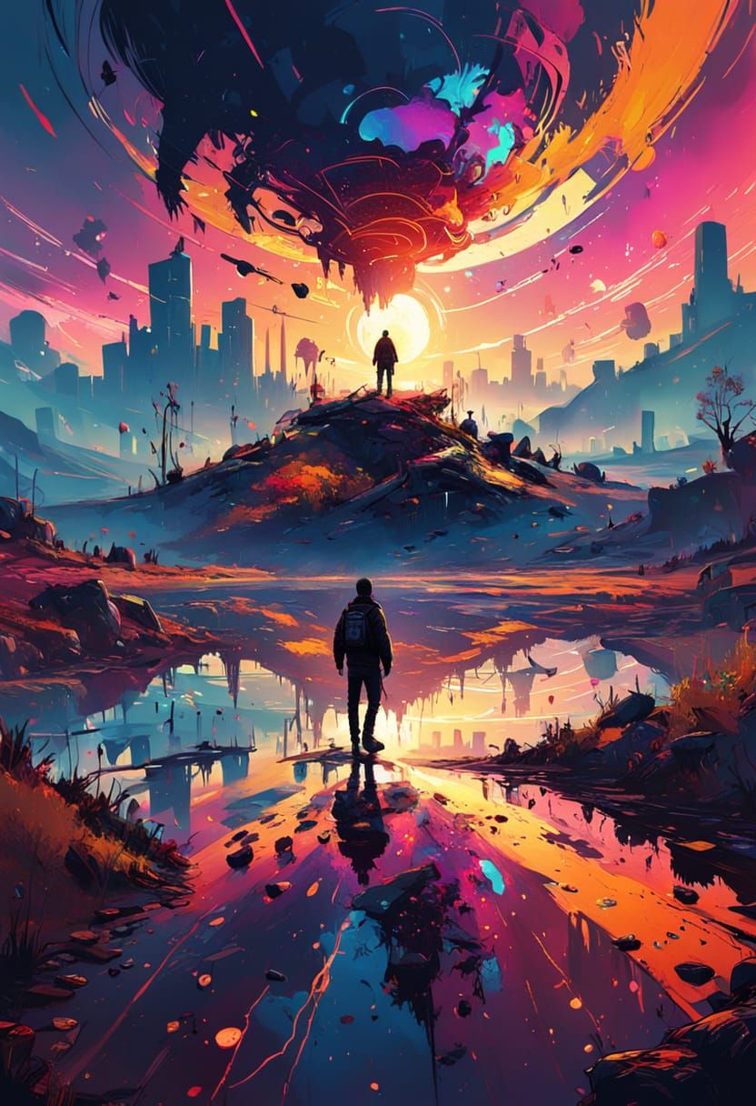 Surreal Figure Emerges in Psychedelic Neon Landscape