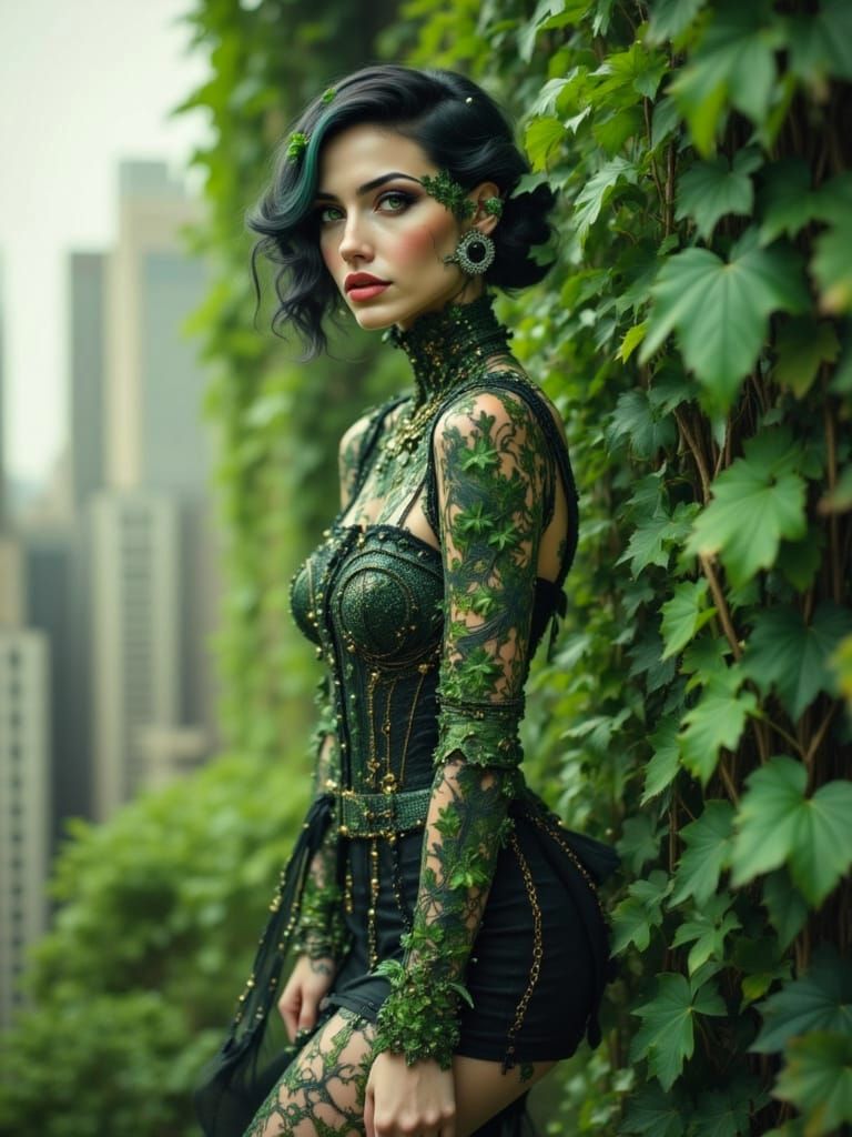 Steampunk Poison Ivy in Rococo Glitchcore Style