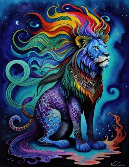 Otherworldly Pointillist Lion Portrait in Vivid Colors