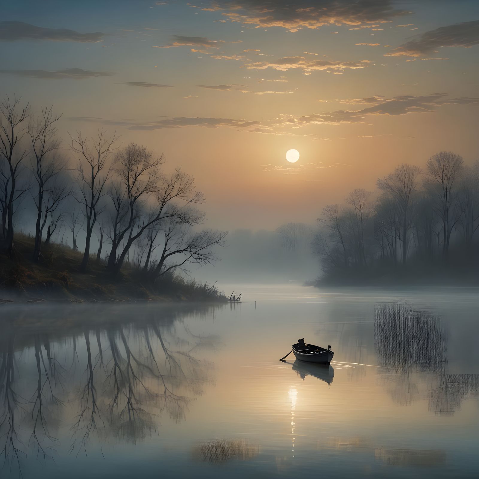 Ethereal Misty Lake Nocturne in Romantic Style