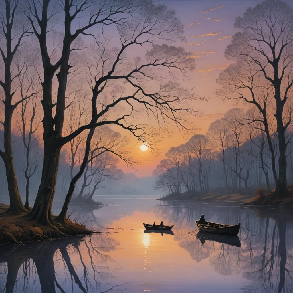 Romantic Lake at Dusk in Turner Style