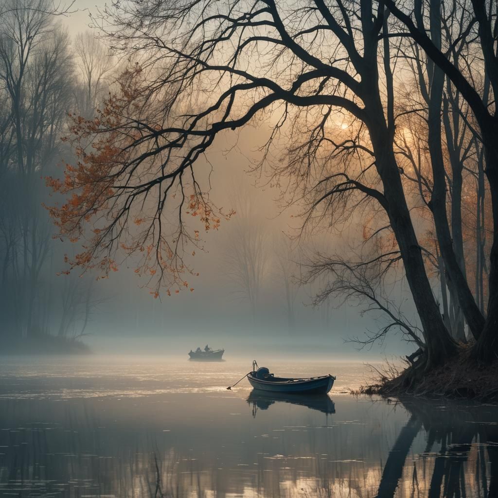 Misty Lake at Dusk in Romanticism Style