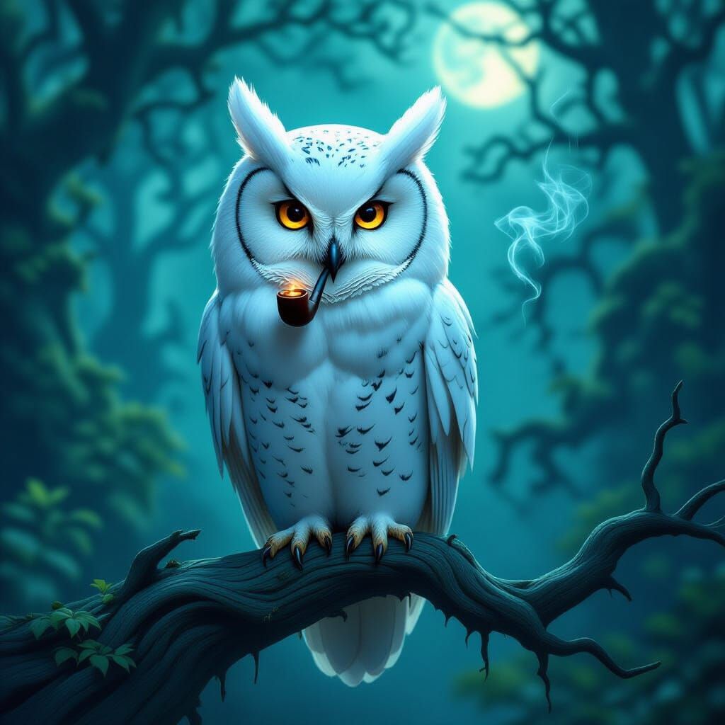 Majestic White Owl Smokes Pipe in Moonlit Forest