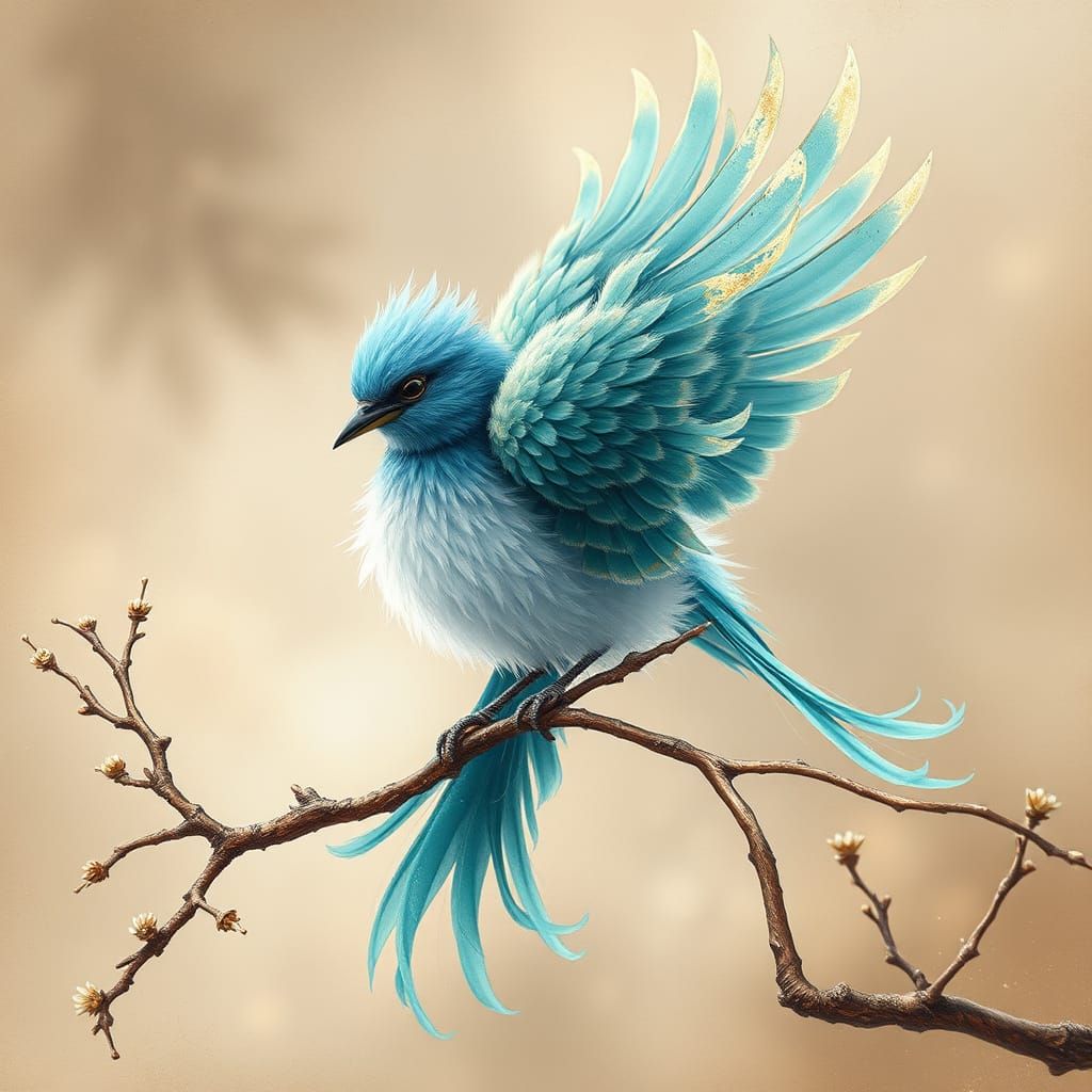 Turquoise Bird in Chinese Landscape, Watercolor Art