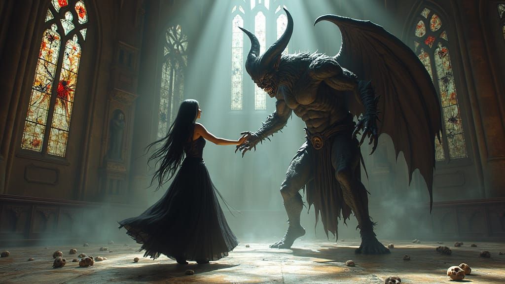 Gothic Cathedral with Sinister Elf and Demon